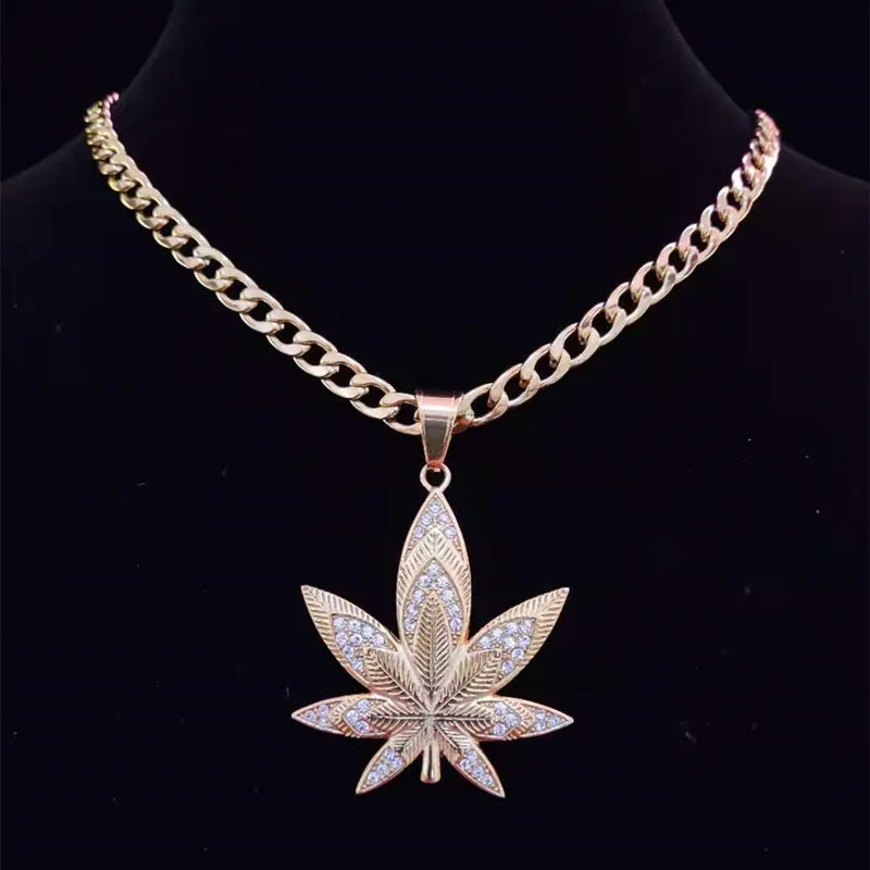 

Men Hip Hop Maple Leaf Pendant Necklace Stainless steel Never Fade 7mm Cuban Chain Necklaces HipHop Male Fashion Jewelry