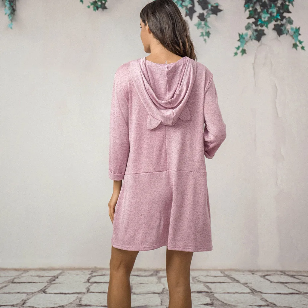 

Women Pocket Irregular Top Blouse Shirt Casual Print Cat Ear Hooded Long Sleeves 2 Colors High Quality Womens Tops And Blouses