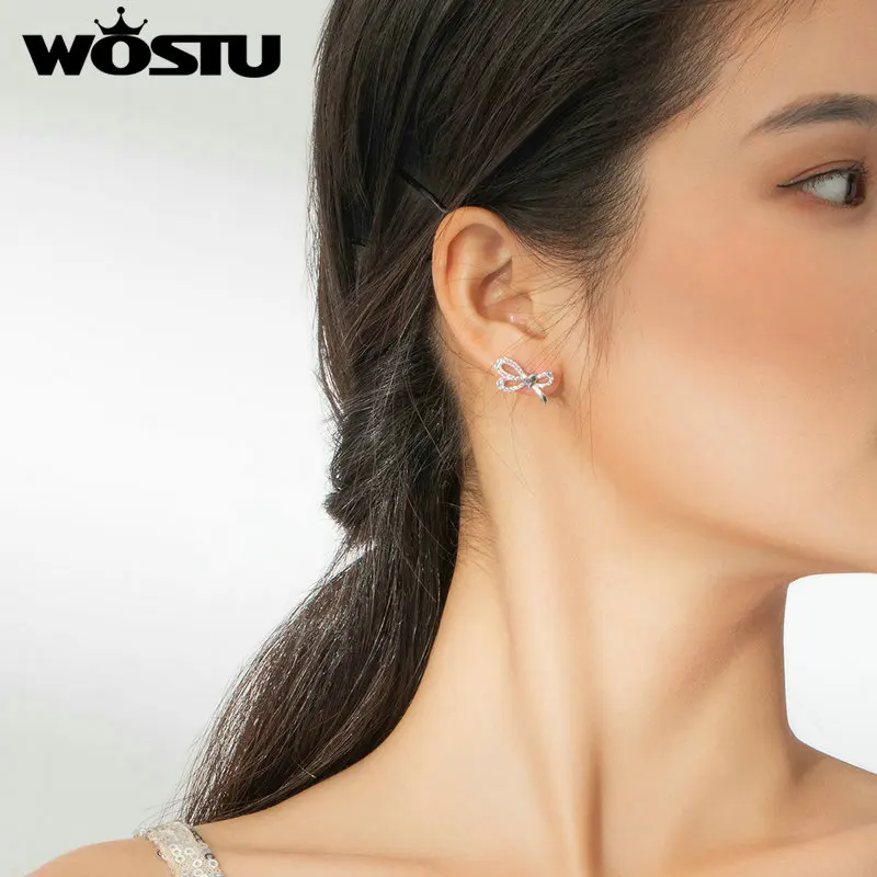WOSTU Bowknot Lovely Stud Earrings 100% 925 Sterling Silver Pink Zirconia Small For Women Birthday Party Jewelry CTE364 | Украшения и