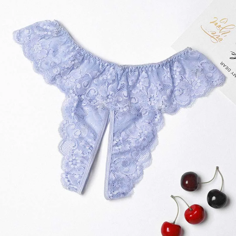 Light Blue Сексуальные цветочные кружева с вырезами открытая ягодица трусики прозрачная открытая промежность короткие стринги Нижнее белье Сисси гей-Фетиш белье размера плюс XXXL - Цвет: Light Blue