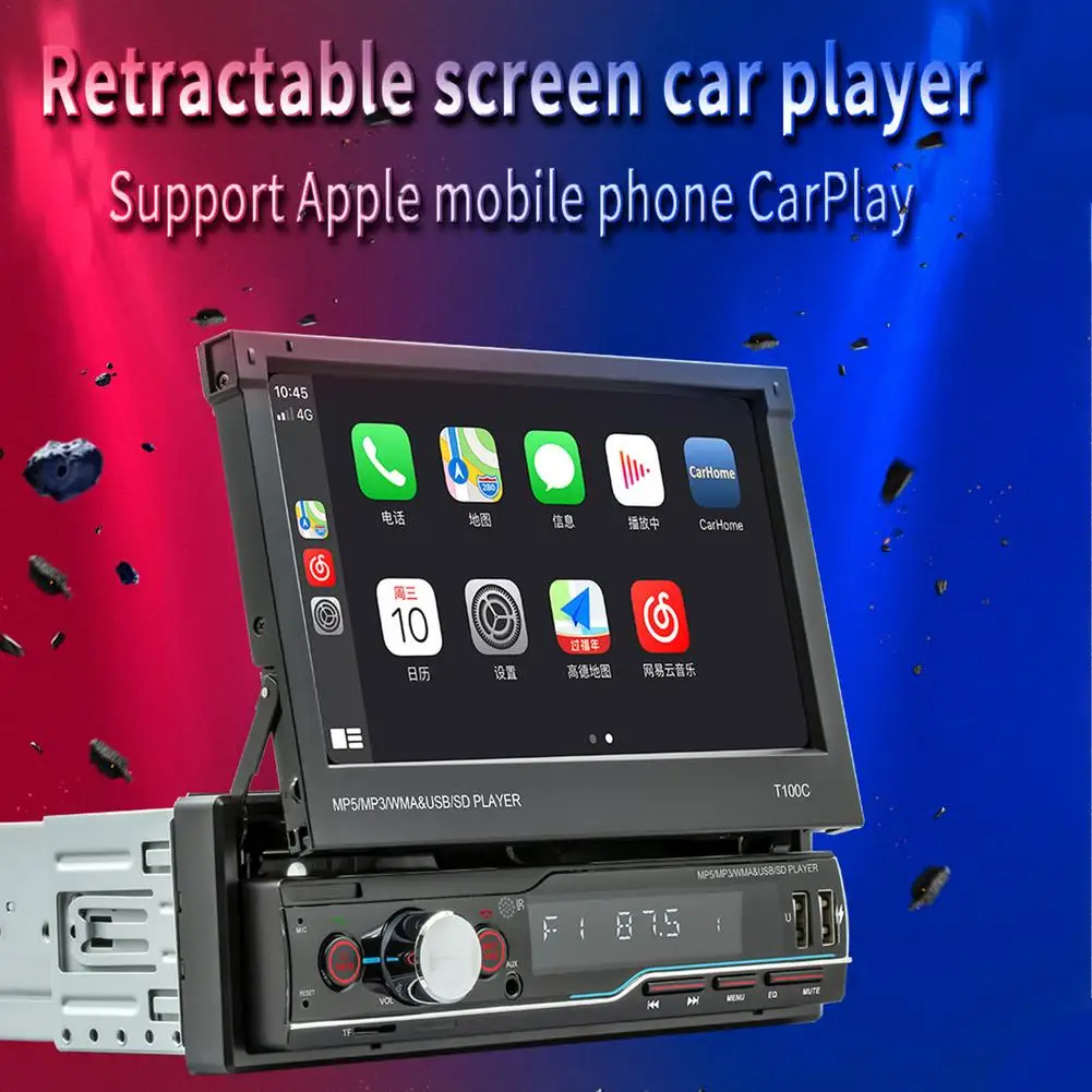 

7-дюймовый сенсорный экран 1 DIN Apple CarPlay Выдвижной Автомобильный стерео MP5 мультимедийный плеер Bluetooth Вызов реверсивное видео AM/FM радио