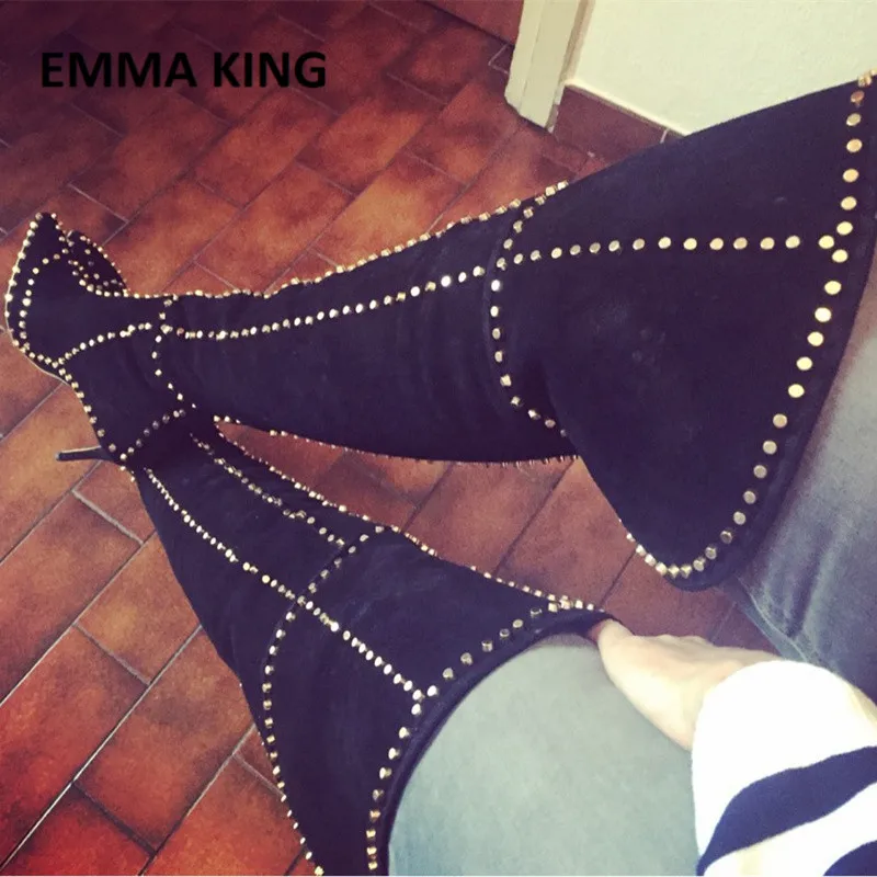 Black Emma king/замшевые сапоги до бедра с шипами и острым носком; зеленые сапоги выше колена; пикантные женские сапоги до бедра; сезон осень-зима; - Цвет: Black