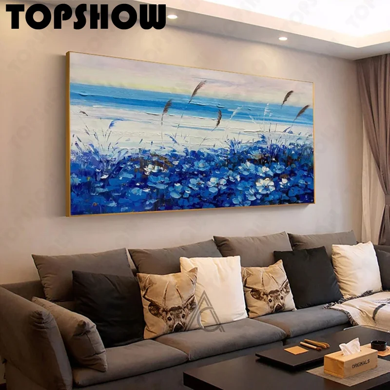 Большая оригинальная Абстрактная живопись с голубым небом и цветами Ручная