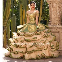 tiered skirts quinceanera dresses with gold lace embroidery off the shoulder ball prom dress customize sweet 16 gowns vestidos