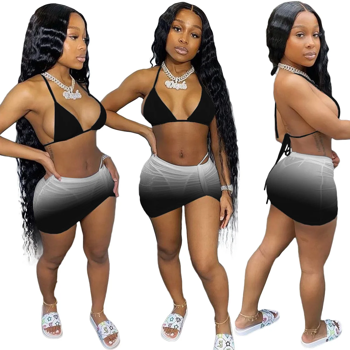 

2021 Summer Women's Fashion Sexy Summer Gradient Color Bikini Halter Swimwear 7 Color Three-Piece Set