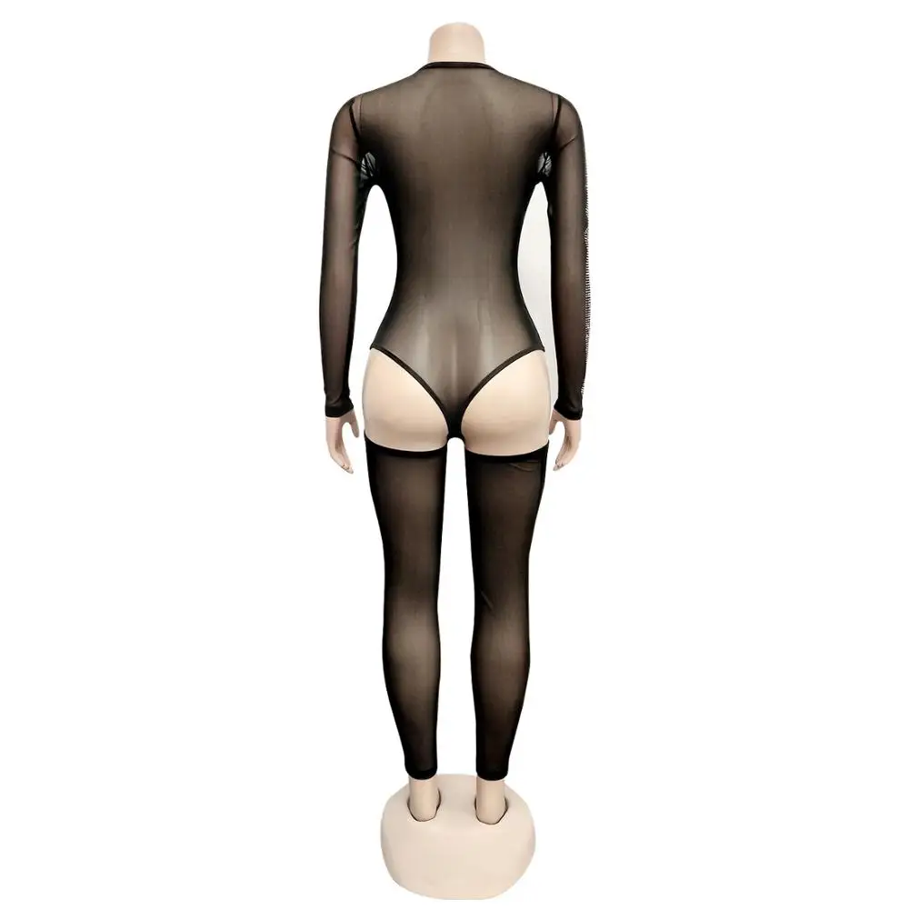 2019 женские черные сетчатые боди с О-образным вырезом и длинным рукавом из двух