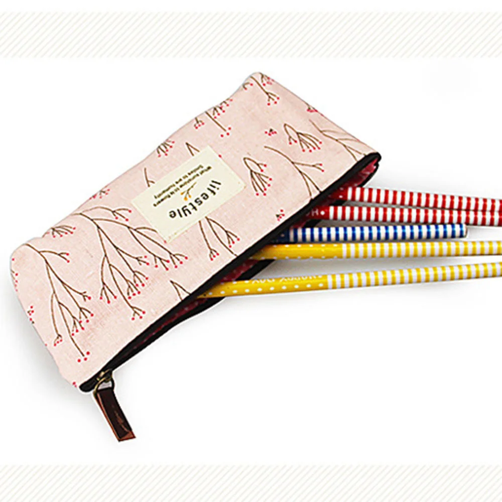New Arrival Cute Kawaii Floral Flower Canvas Zipper Pencil Cases Lovely Fabric Tree Pen Bags School Office Supplies | Канцтовары для