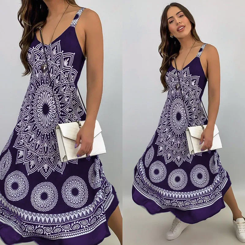 Vestidos Maxi estampados para mujer, vestidos sin mangas con cuello en V, ropa informal a la moda de verano, novedad de 2021