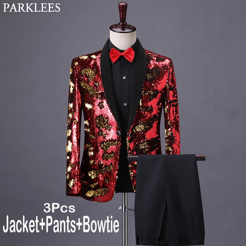 

Мужские костюмы со штанами для выпускного вечера, смокинг для жениха, костюм для певицы, золотые блестящие свадебные костюмы с блестками дл...