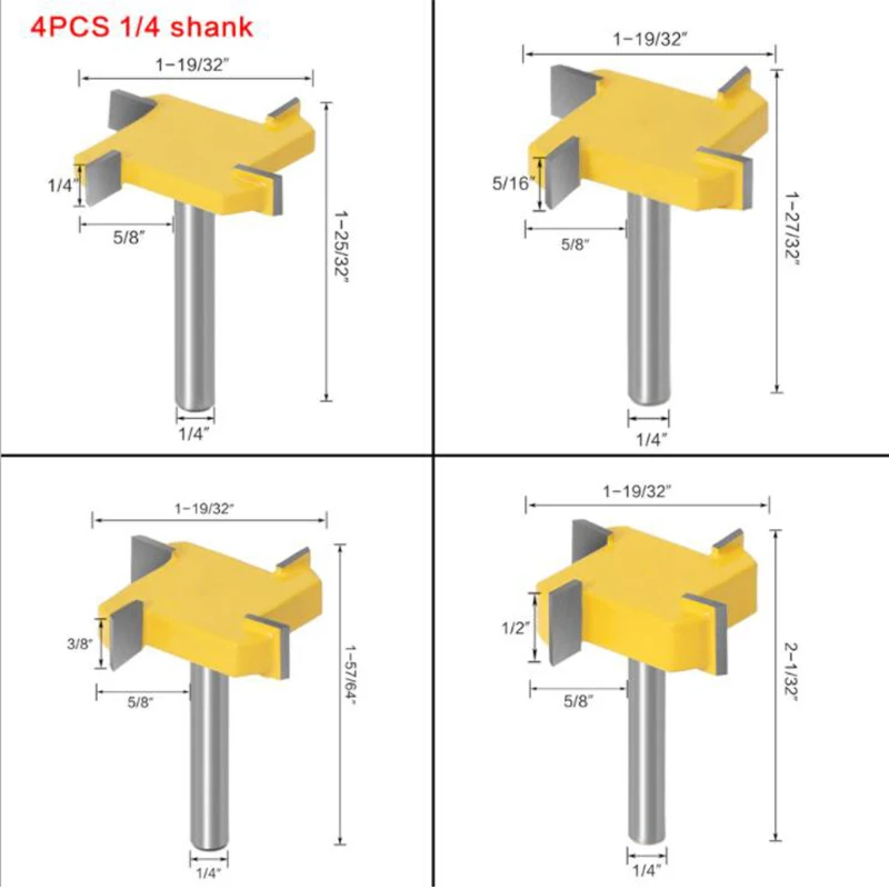 

4 Pieces 1/4" 6.35mm Shank 4 Flutes Flush Trim Bits Set Straight Edge Slotting Milling Cutters T-Slot Woodwork Cutters Kit