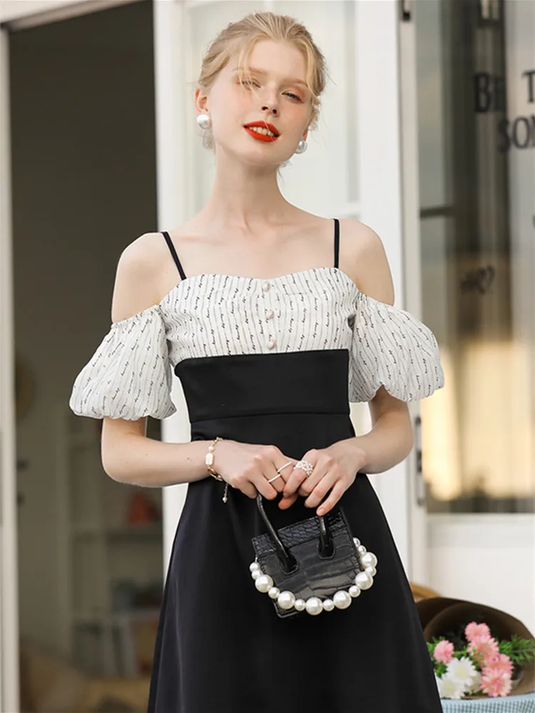 

Fake Two-piece One-shoulder Dress Sling Tube Top Puff Sleeve Summer A-line Skirt Straight Collar