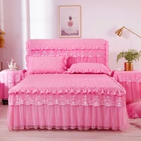 3pcs lace bedspreads queen king size bedding with skirt thickening of cotton insert princess bed cover bed skirt pillowcase