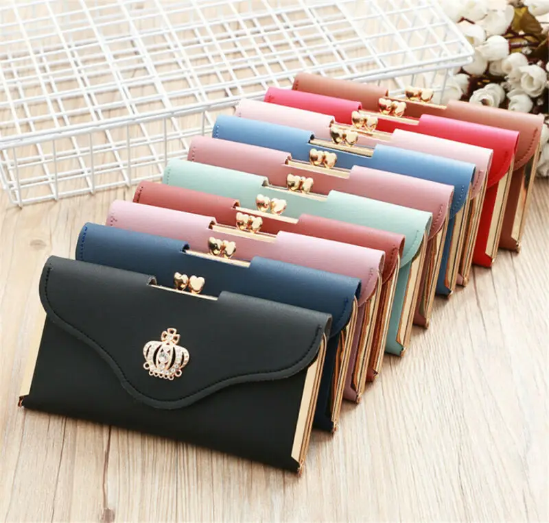 

Womens Wallet Ladies Crystal Diamond Crown Decorated Long Card Holder Clutch Bag Case Female Retro Leather Purse Handbag