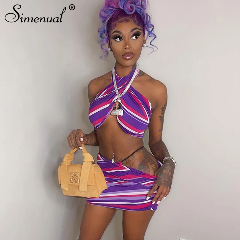 

Simenual Criss Cross Halter Top And Ruched Skirt Sets Striped Sexy Hot Midnight Club Two Piece Outfits For Women Partywear Set