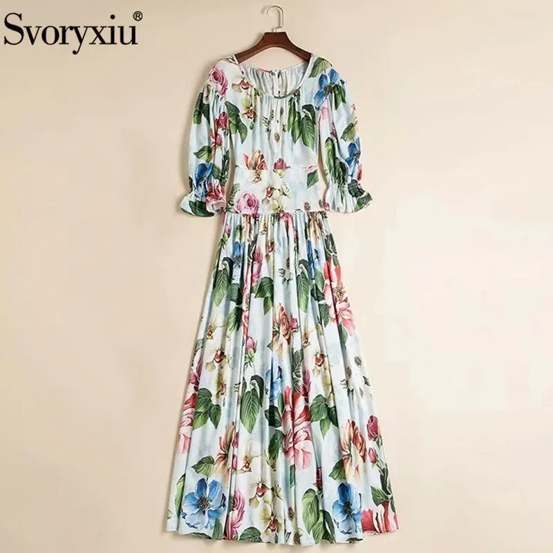 

Svoryxiu Fashion Runway Summer Maxi Dress Women's Elegant O-Neck Flare Sleeve Flower Print Vintage Party Long Dresses Vestdios