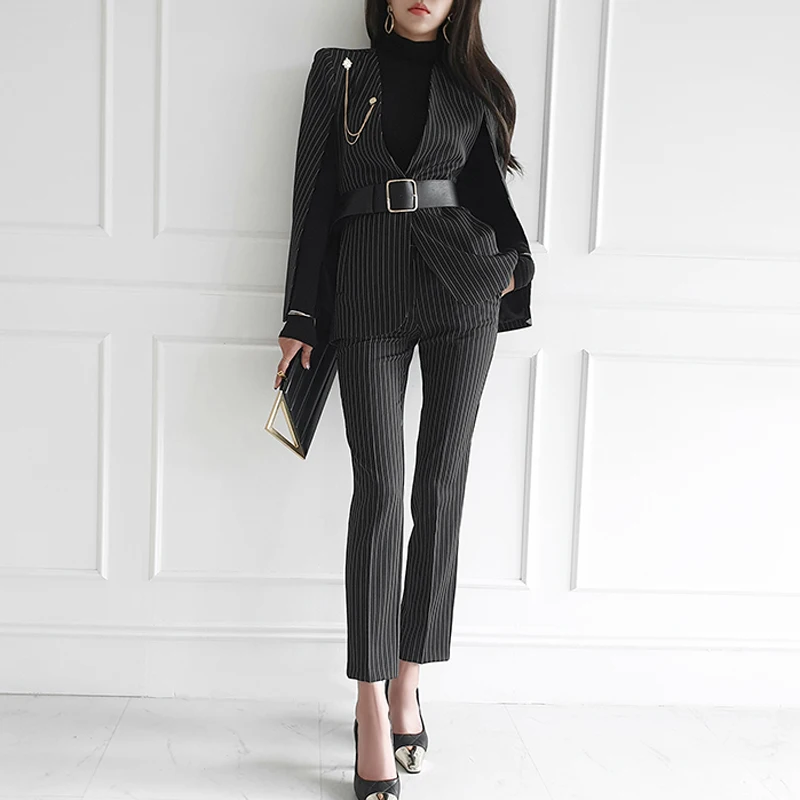 

Spring Autumn Women Set Notched Cloaks Belt Cape Blazers And Pencil Pants Suit Office Lady Two Piece Set Casual Striped Outfits