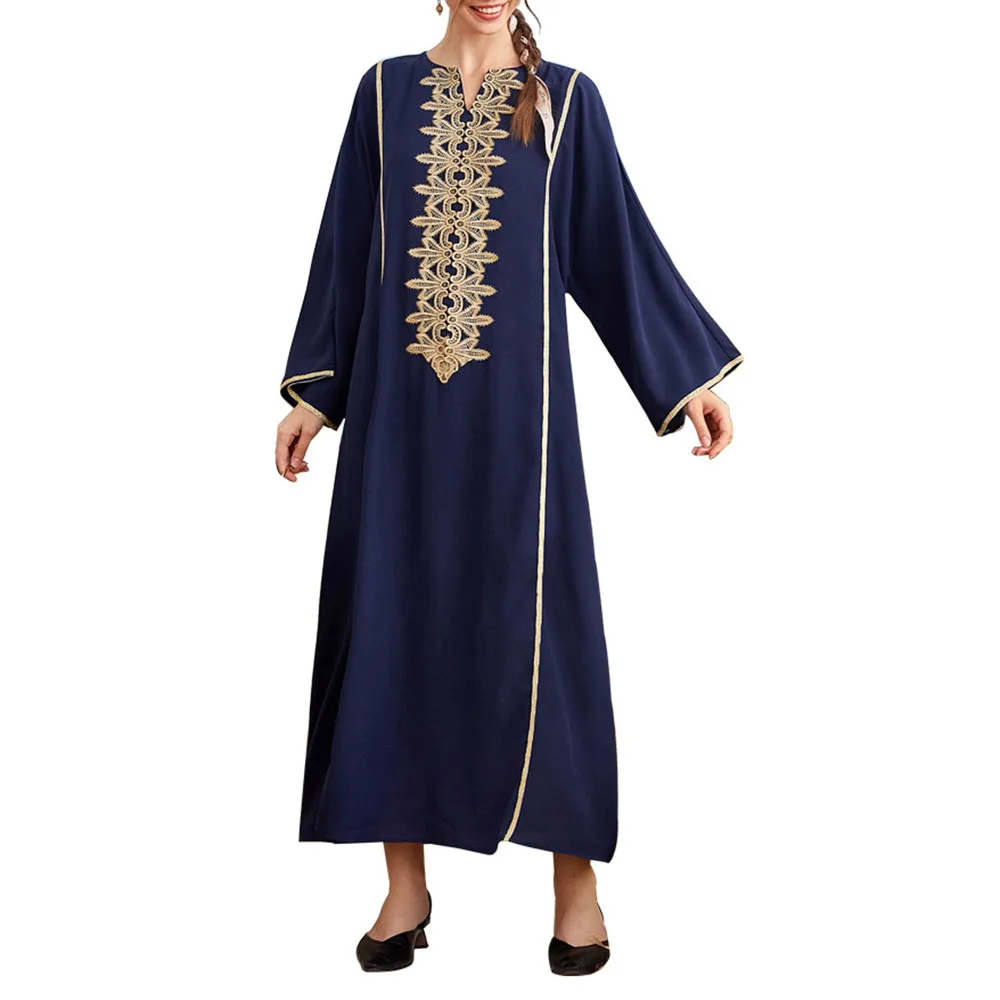 

2021 Summer New Embroidered Half Open Collar Long Sleeve Solid Color Loose Casual Muslim Women's Dress Oversize Indie