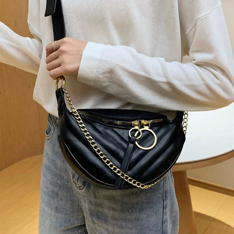 

THREEPEAS Chain Fanny Pack Brand Designer Belt Bag Fashion Women Waist Pack Solid Color PU Leather Belly Chest Bag Ladies