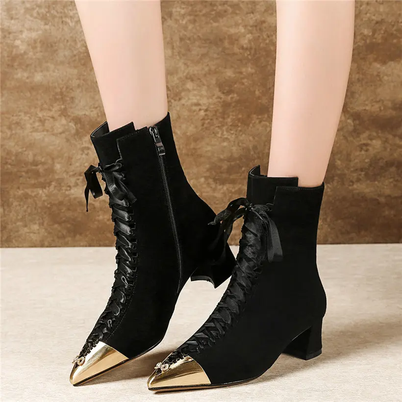 

Lady Winter Office Shoes Women Lace Up Cow Suede Leather Chunky Heels Pumps Hi-Top Pointed Metal Toe Ankle Boots Embroider Shoes