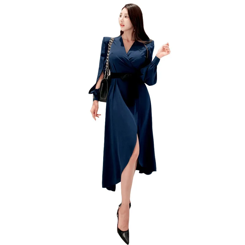 

Autumn Winter Streetwear Casual Dress Women with Sashes Solid Women Long Sleeve Asymmetrical Midi Dress Robe Longue Femme Ete