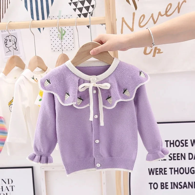 

Spring Autumn Girls Knitted Jacket Lapel Children's Baby Girl Sweater Infant Jacket Princess Cardigan Jacket 0-5Y