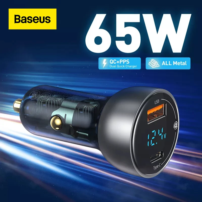 baseus 65w pps car charger usb type c dual port pd qc fast charging for laptop translucent car phone charger for iphone samsung free global shipping