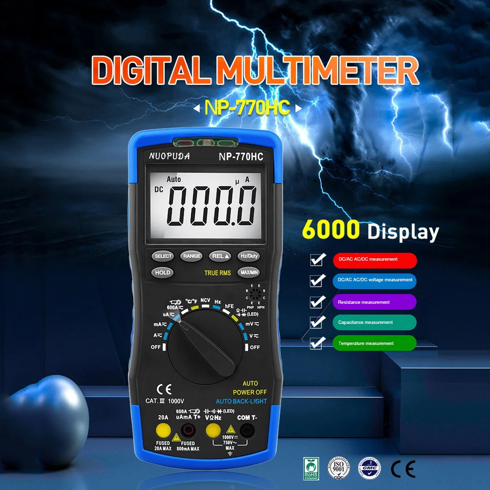 

High-Accuracy Auto Range Digital Multimeter Portable Stable Performance Digital Multimeter 6000Counts Voltage Current Ohm Tester