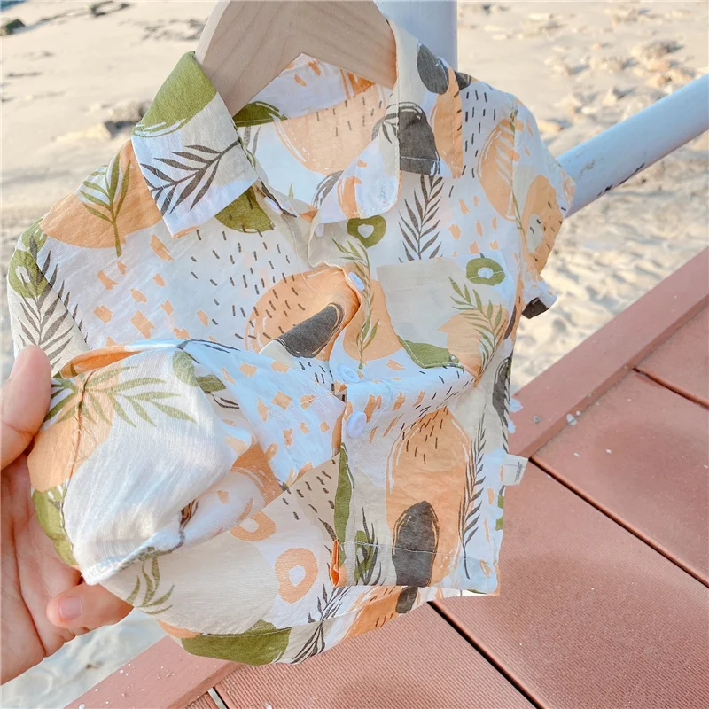

2021 Summer New Boys Floral Short Sleeve Shirts Fashion Beach Shirt Toddler Kids Cotton Casual Turn-down Collar Tops