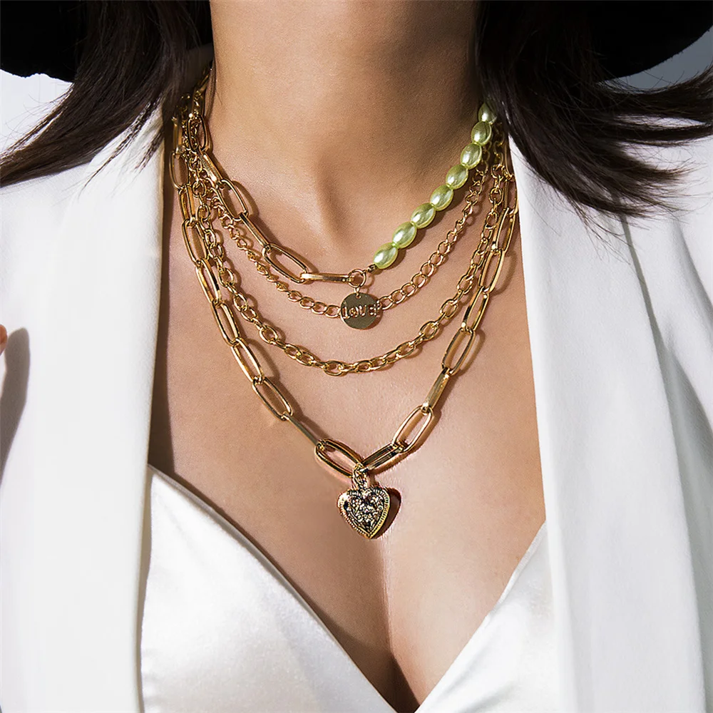 Готическое многослойное ожерелье чокер цвета шампань с имитацией жемчуга