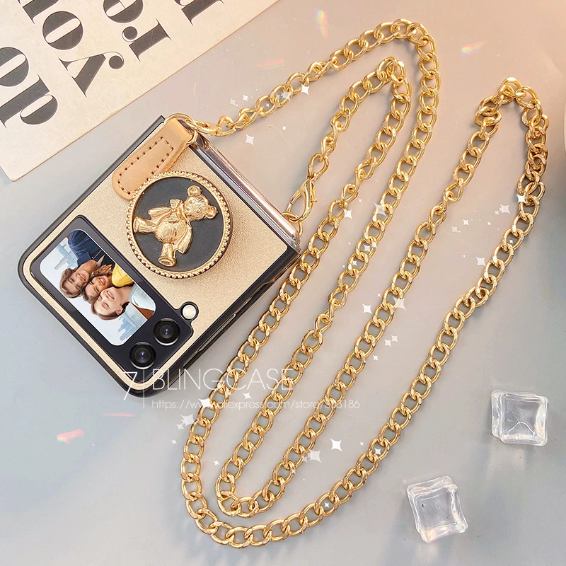 fashion silk scarf hand chain bear holder phone case for samsung galaxy z flip 3 cover free global shipping
