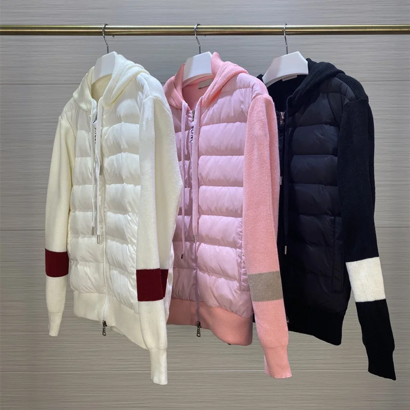 

Wool+Cotton Woman Jacket Mixed Knitting Splicing Slim Fashion Casual Warmth Autumn Winter Coat Filling White Duck Down