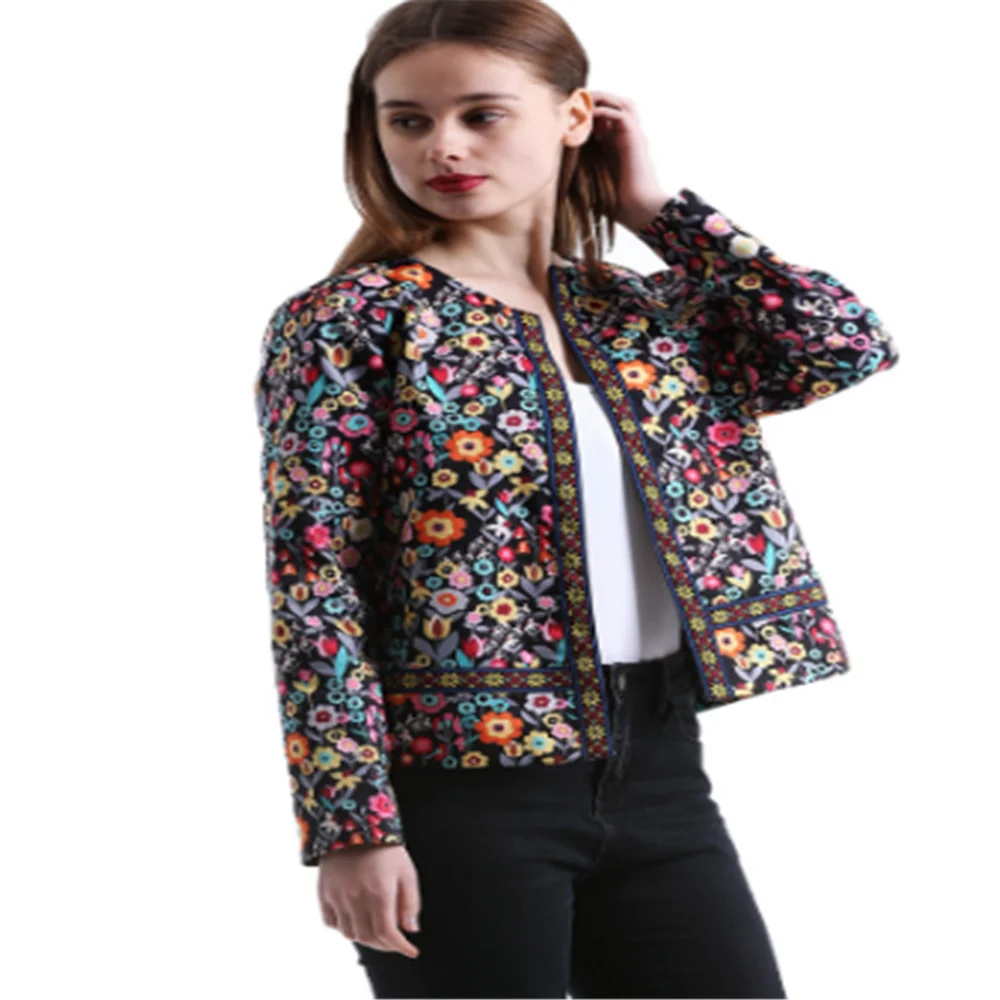 

Spring autumn new women's round neck floral small jacket short long sleeve cardigan Jacket Tops outwear COAT