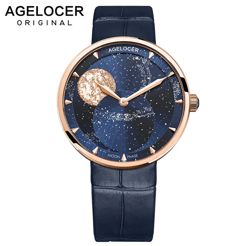AGELOCER новые часы женские Moonphase розовое золото браслет водонепроницаемые Relogio