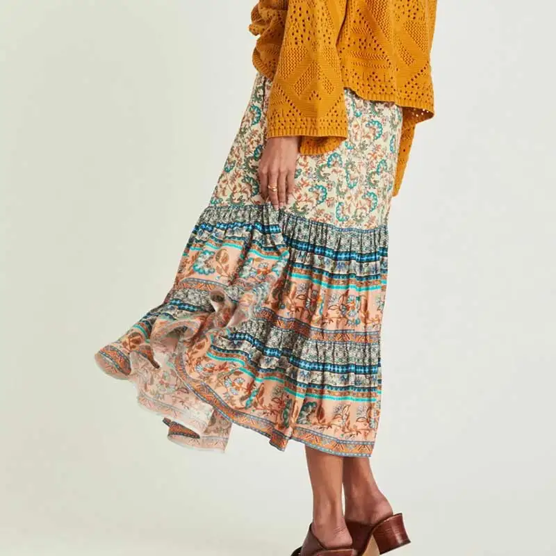 Богемный Вдохновленный цветочный принт длинная юбка для женщин 2020 модная