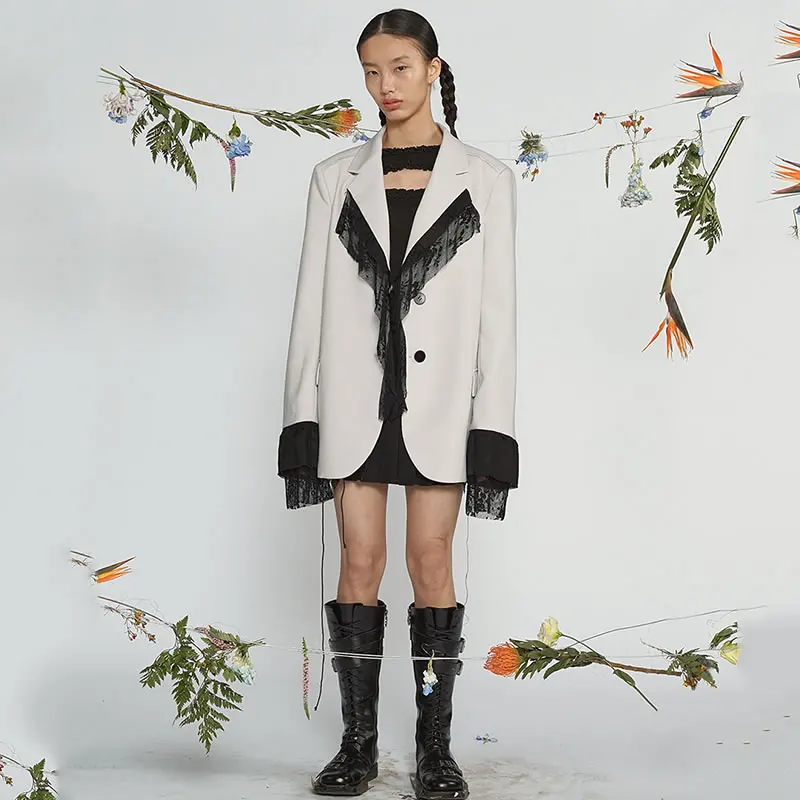 XITAO Mesh Blazer Fashion New Women Full Sleeve Patchwork Single Breast Lace 2021 Spring Autumn Elegant Loose Coat ZY5418