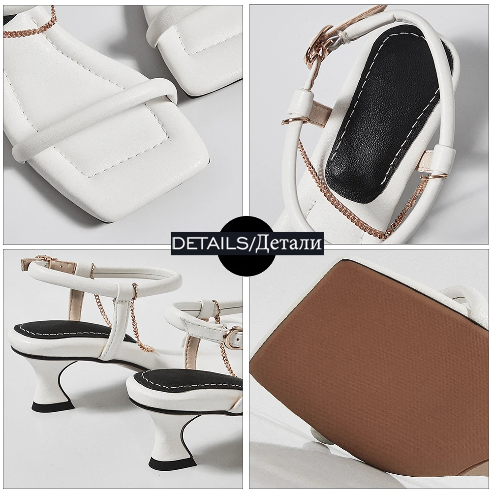 

WETKISS Real Leather Fashion Ladies Sandals Women One Strap Summer Shoes Woman Square Toe Kitten Heels Sandals Female