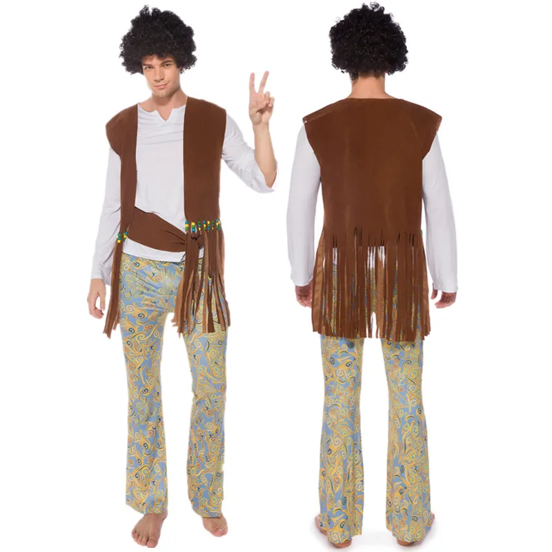 Мужской Костюм хиппи Хэллоуин Ретро вечерние Stagewear наряд Курица рождественские вечерние хиппи кисточкой цветочные печатные одежды