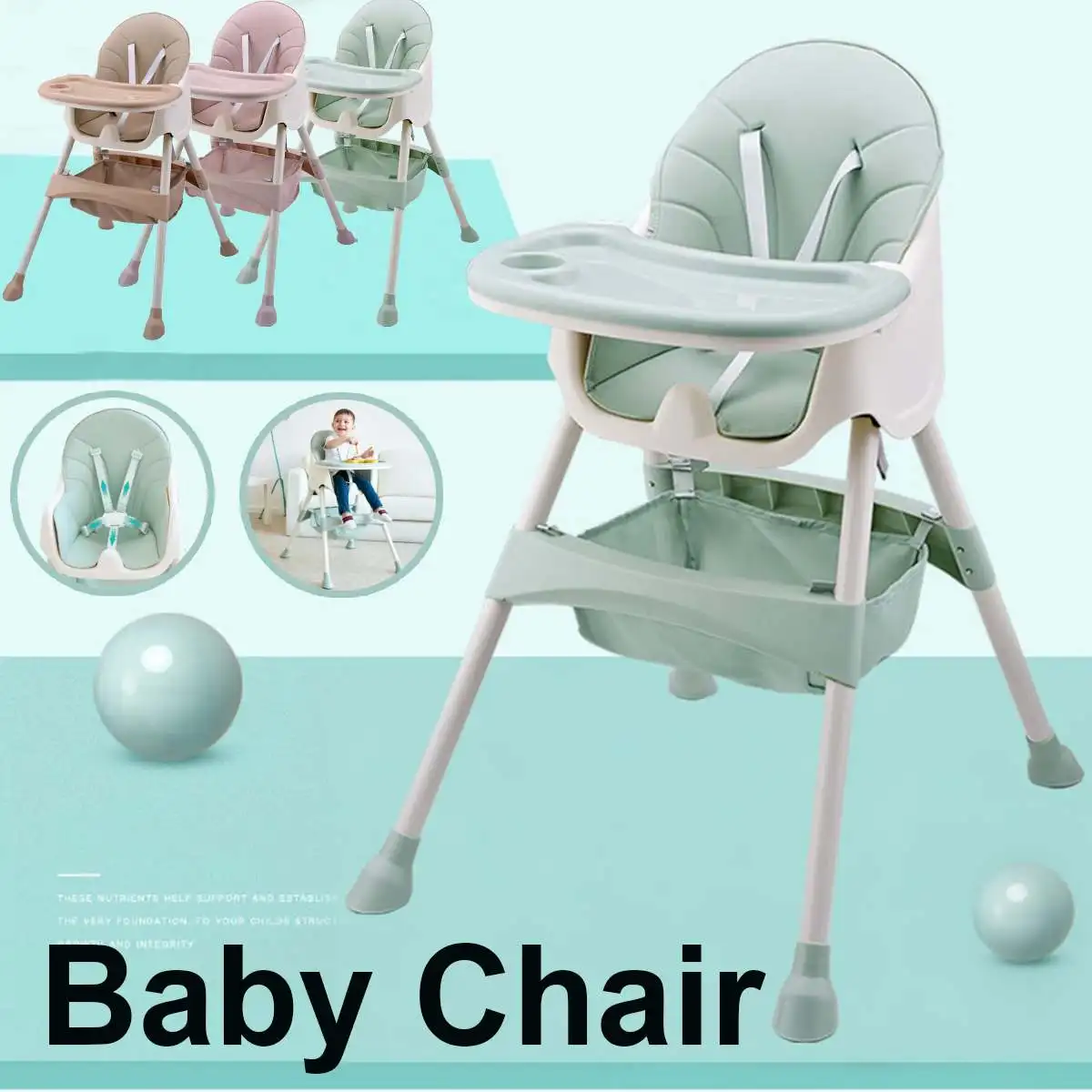 Baby Kids Highchair Adjustable Feeding Dining Chair Double Tables Macaron Multifunction Height Adjust Portable with Storage Bag