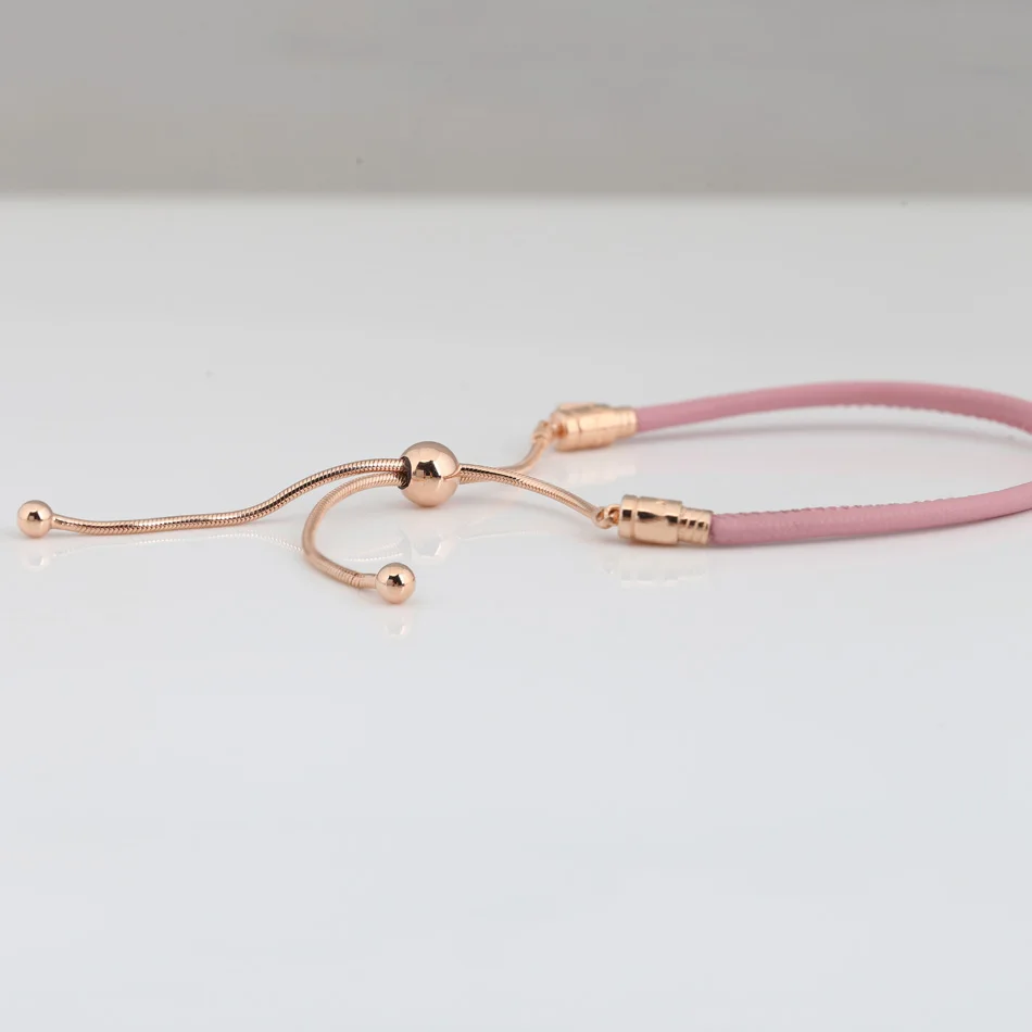 

Authentic S925 Silver Pink Leather Sliding Clasp Bracelet for Women Girl Lady Gift