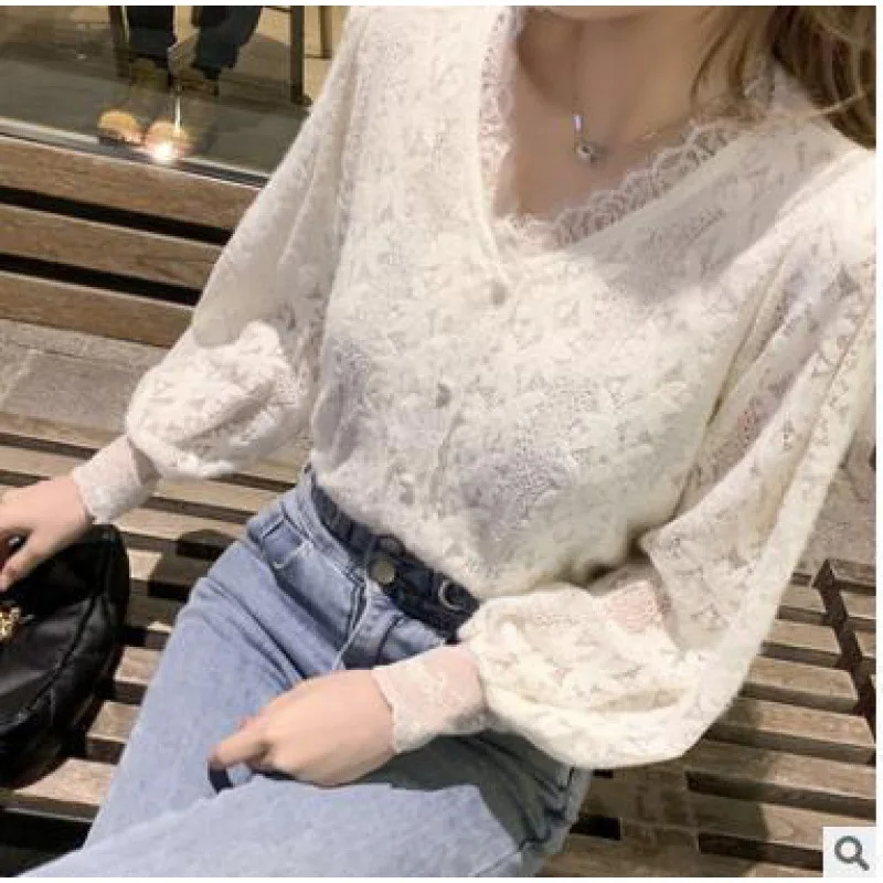 

2021 Spring New Fashion Women Long Sleeve Vintage Lace Blouse V-Neck Slim Floral Shirts Casual Soild White Blusas