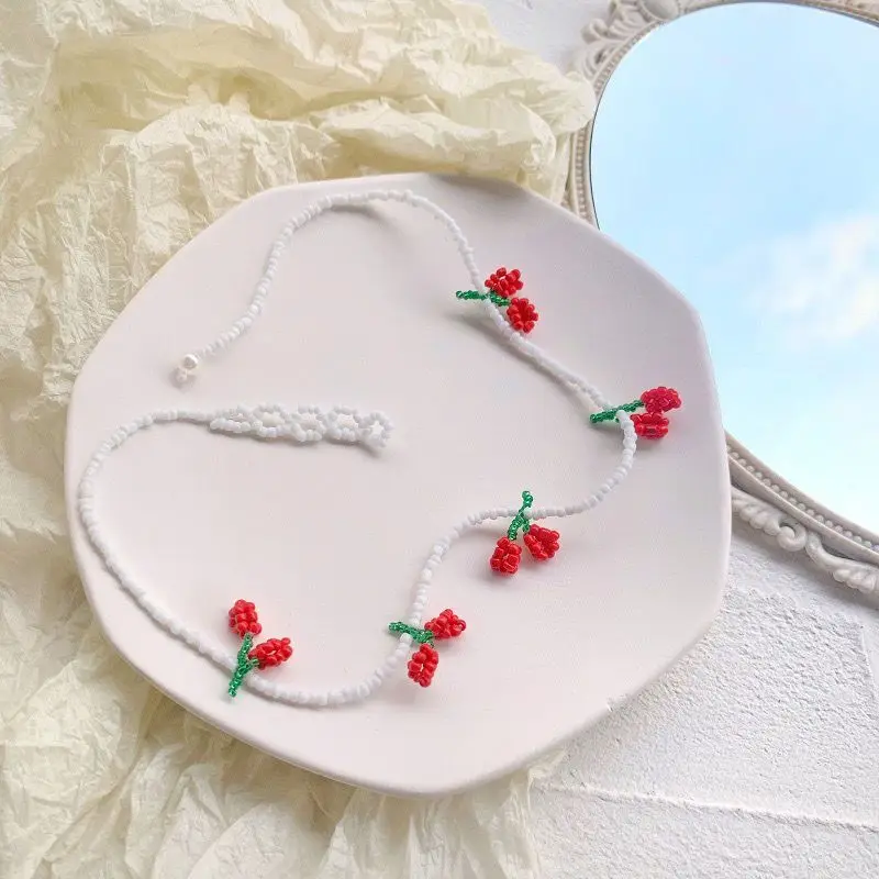 Очаровательный чокер с кристаллом вишни милый белый жемчуг бисером ожерелье