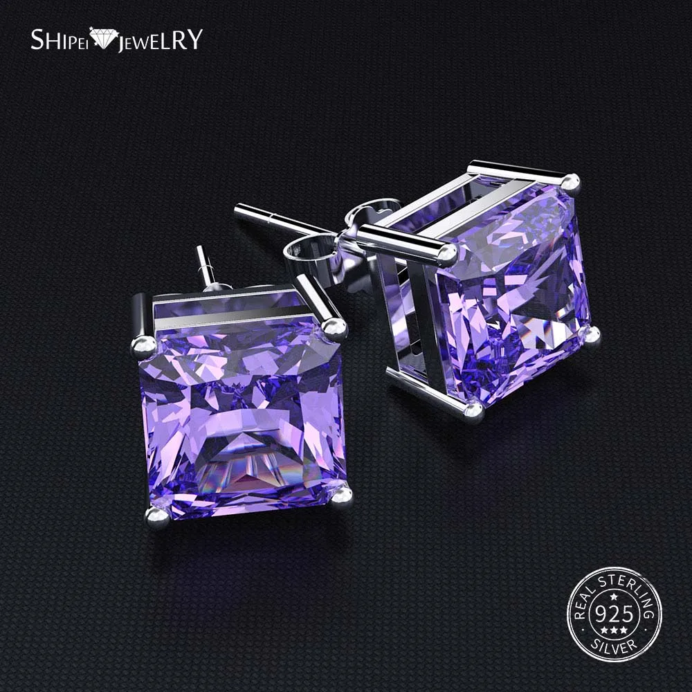 Purple Sapphire ShiPei Стерлинговое Серебро пробы розовый белый желтый сапфир рубин изумруд Asscher серьги гвоздики для женщин подарок на день рождения хорошее ювелирное изделие - Цвет камня: Purple Sapphire