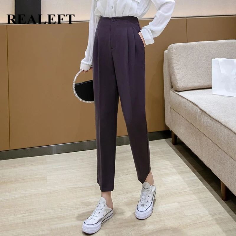 

REALEFT Autumn 2021 New Formal Women's Harem Pants Button High Waist Chic Female Workwear Elegant Ankle Length Trouses Pockets