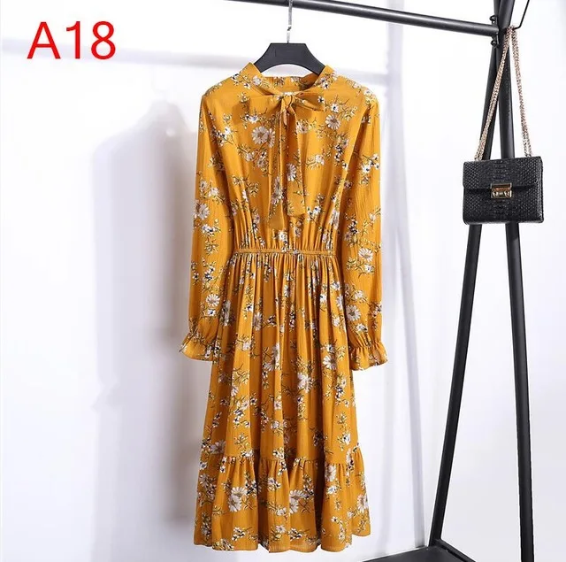 A18 Корейская черная рубашка Vestidos для офиса в горошек, винтажные осенние платья, Женское зимнее платье, миди платье с цветочным рисунком и длинным рукавом для женщин - Цвет: A18