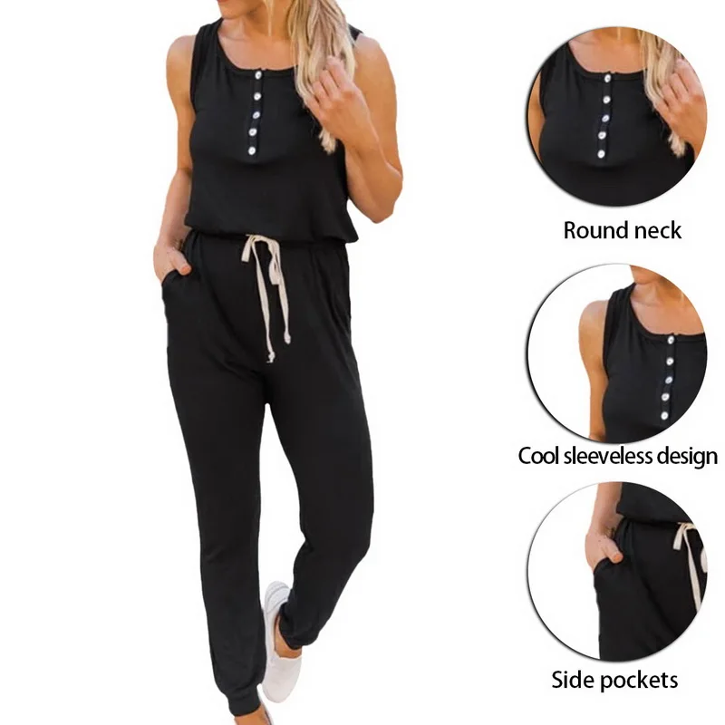 

Fashion Ladies' New Solid Color Single-breasted Sleeveless Lace-up Home Wear Casual And Comfortable High-quality Jumpsuit