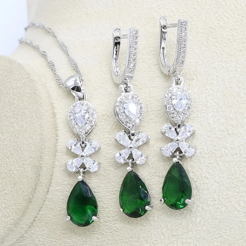 Длинные серьги с зеленым кубическим цирконием набор украшений для женщин