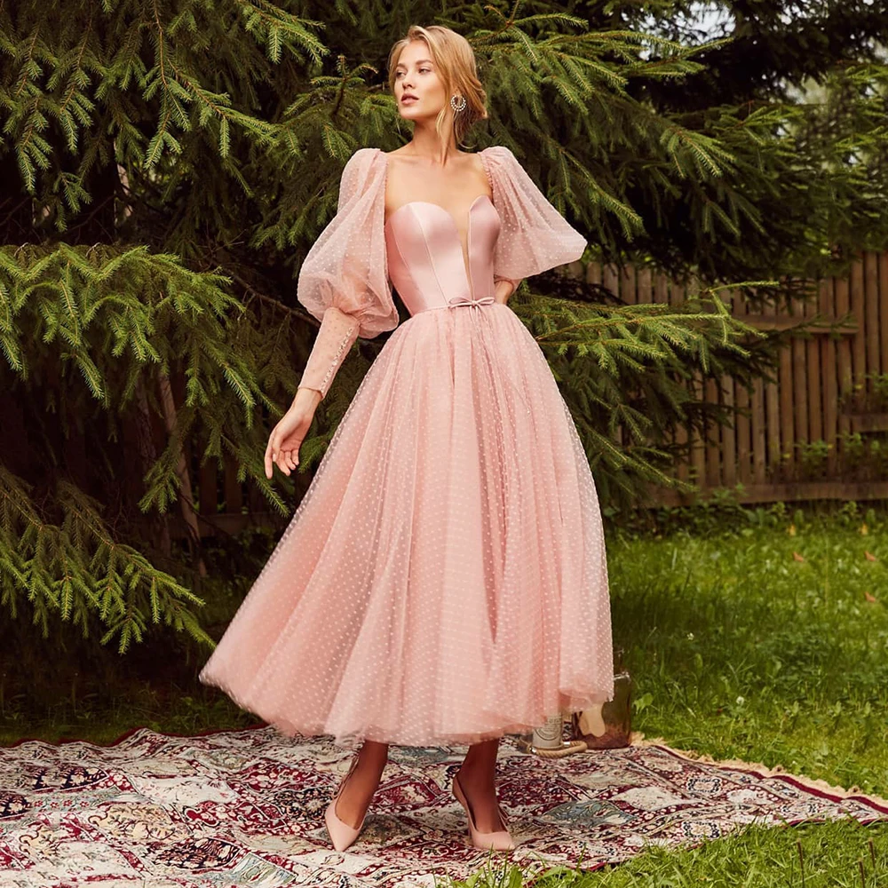Купи UZN Blush Pink Dots Net Prom Dress V Neck Lace-up Corset A Line Prom Gown Puff Sleeves Party Dress Vestido De Noche за 5,057 рублей в магазине AliExpress