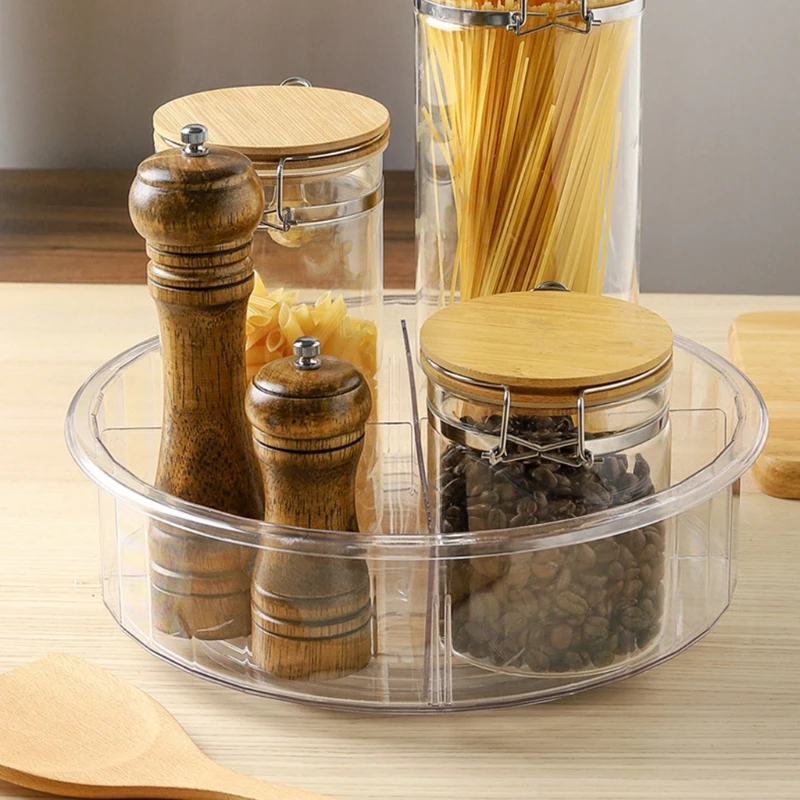 

9/12 Inch Round Clear 360 Rotation Cabinet Organizer with Dividers Turntable Plastic Food Storage Container Spice Rack