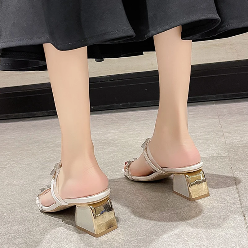 

Shoes Woman 2021 Square heel Female Slippers Luxury Slides Med Transparent Heel Block New Designer Soft Rubber PU Scandals Fashi
