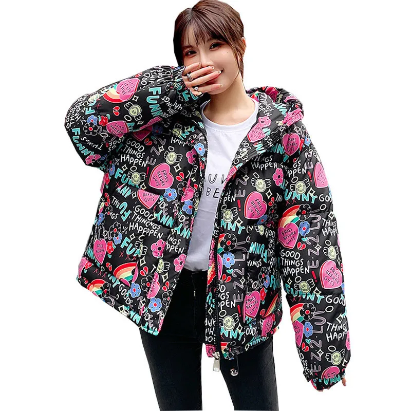 

Winter Down Jacket Women Clothes 2021 Fashion Print Cotton Padded Women Zipper Short Jackets Parka Outerwear Parkas Mujer Coats
